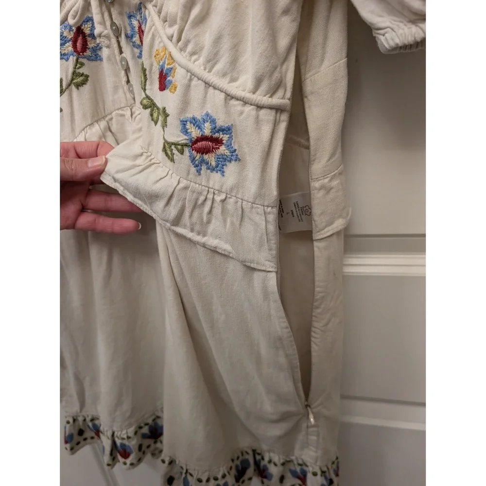 Farm Rio Cream Floral Embroidered Linen Blend Romper V-Neck Puff Sleeve Boho - Picture 6 of 10